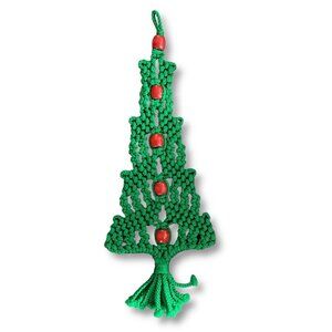Vintage Green & Red Macrame Christmas Tree Red Beads Wall Hanging 14 Inch Mcm